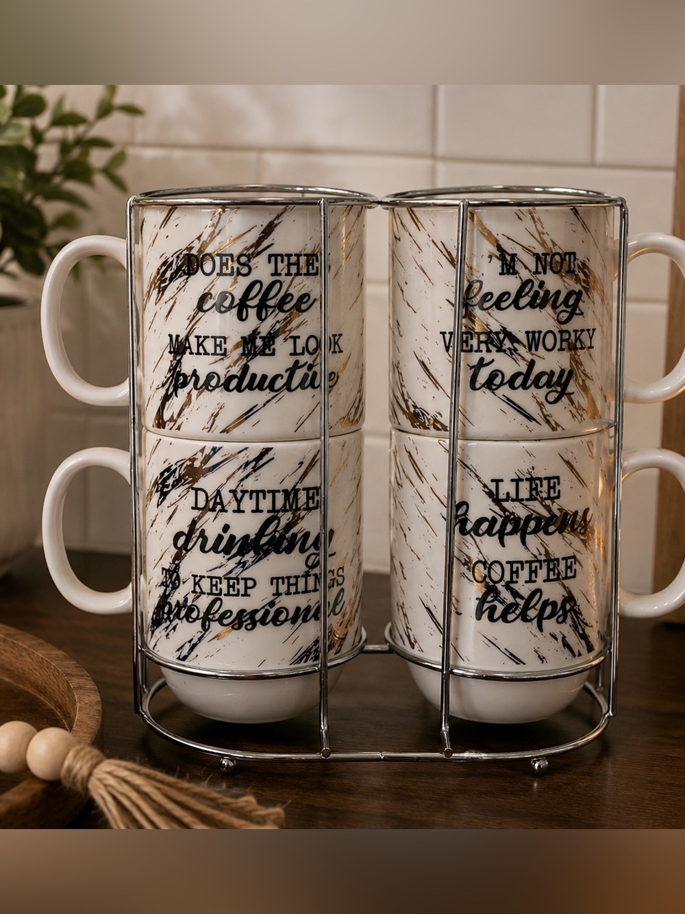 Funny Coffee Quote Stackable Ceramic Mugs | Set of 4 | Metal Stand Included